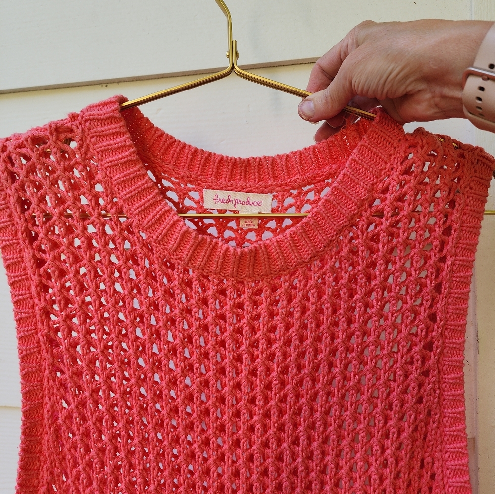 Fresh Produce Vintage Swim Cover Crochet Knit Tank Dress M/L Pink Coral Celine